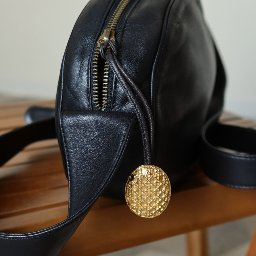 Christian Dior Vintage Black Leather Gold CD Cannage Charm Crossbody Bag