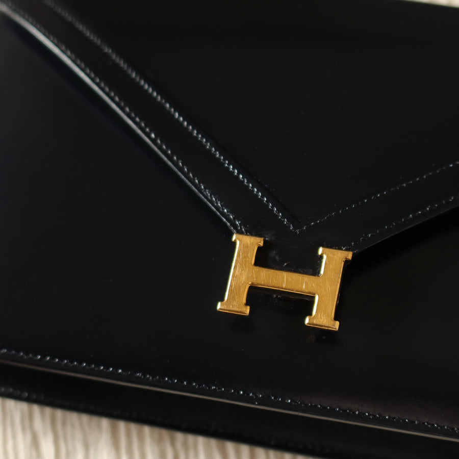 Vintage Hermès Black Box Calf Leather Lydie 2-way Clutch Bag