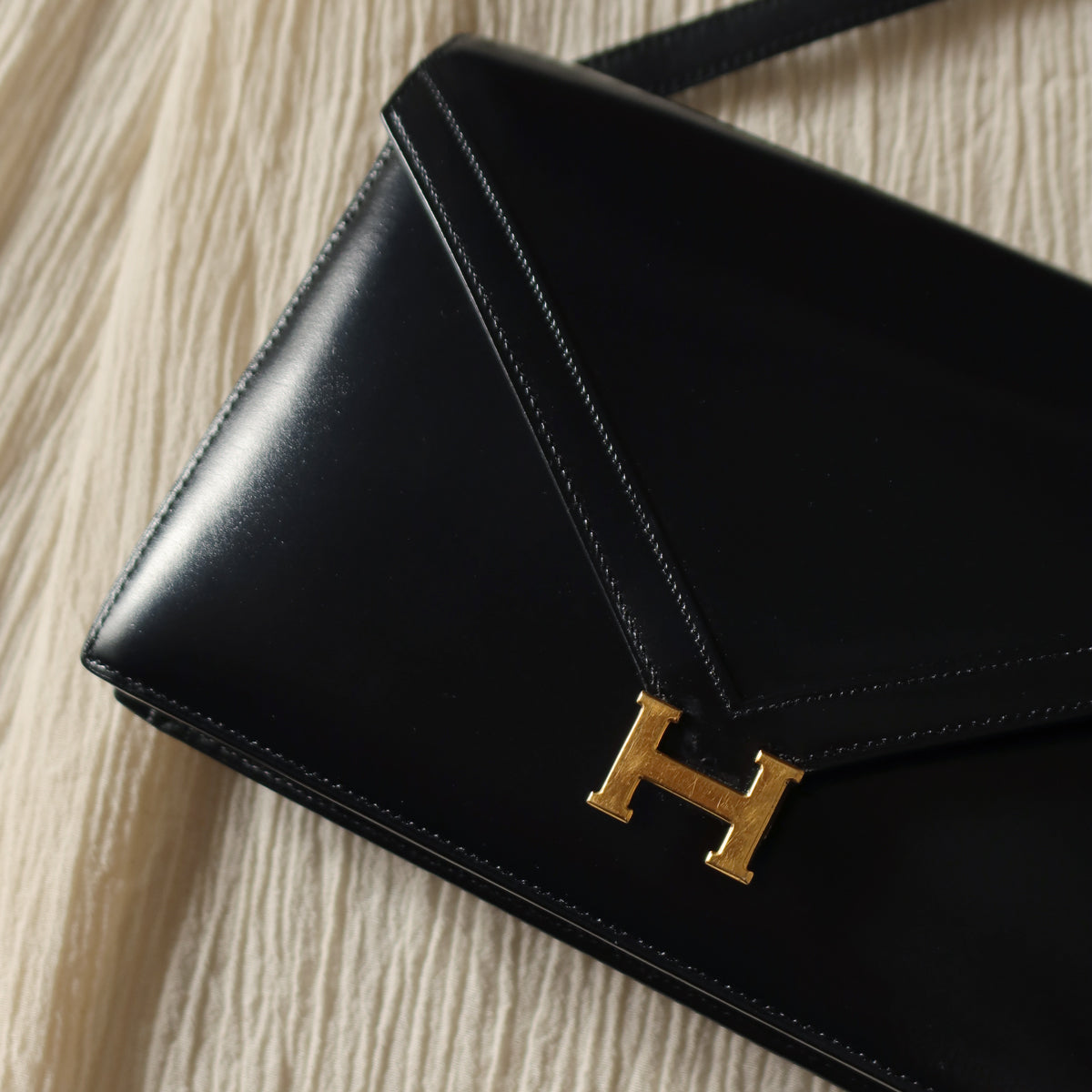Vintage Hermès Black Box Calf Leather Lydie 2-way Clutch Bag