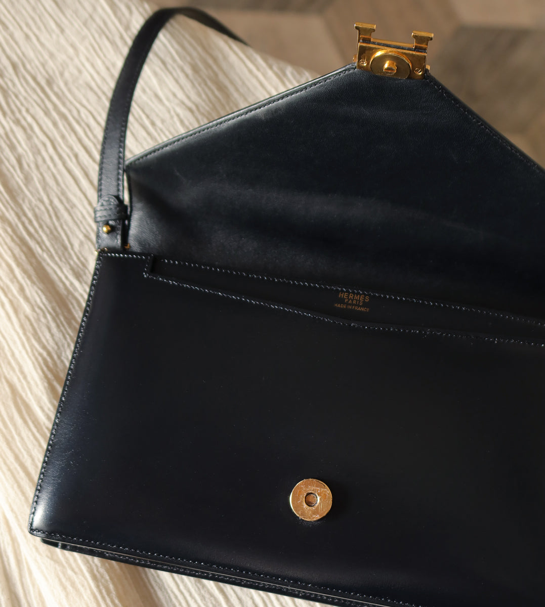 Vintage Hermès Lydie Black Box Calf Leather 2-way Clutch Bag
