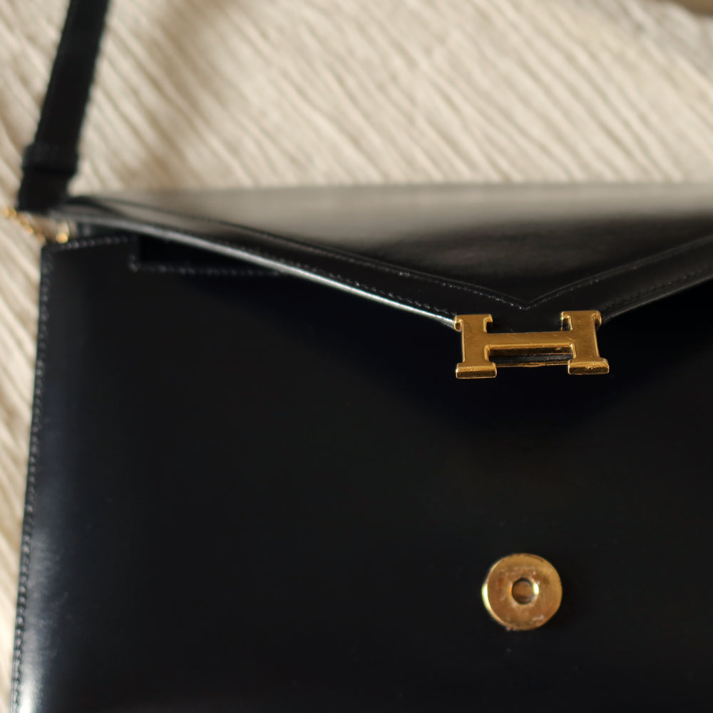 Vintage Hermès Black Box Calf Leather Lydie 2-way Clutch Bag