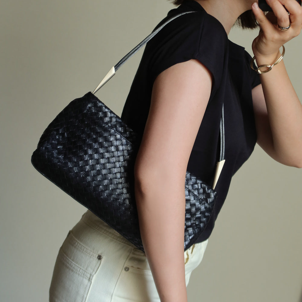 Bottega Veneta Vintage Black Leather Intrecciato Sardine Pochette Shoulder Bag