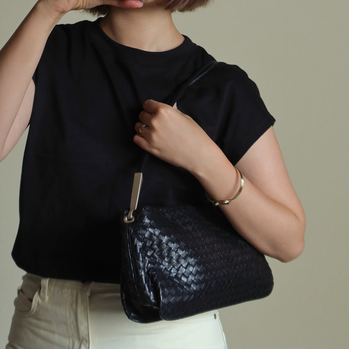 Bottega Veneta Vintage Black Leather Intrecciato Sardine Pochette Shoulder Bag