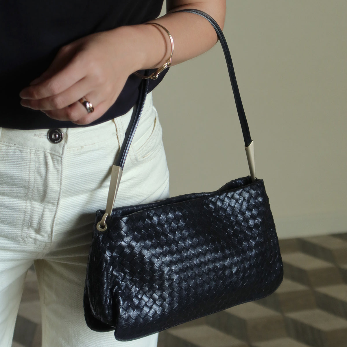Bottega Veneta Vintage Black Leather Intrecciato Sardine Pochette Shoulder Bag
