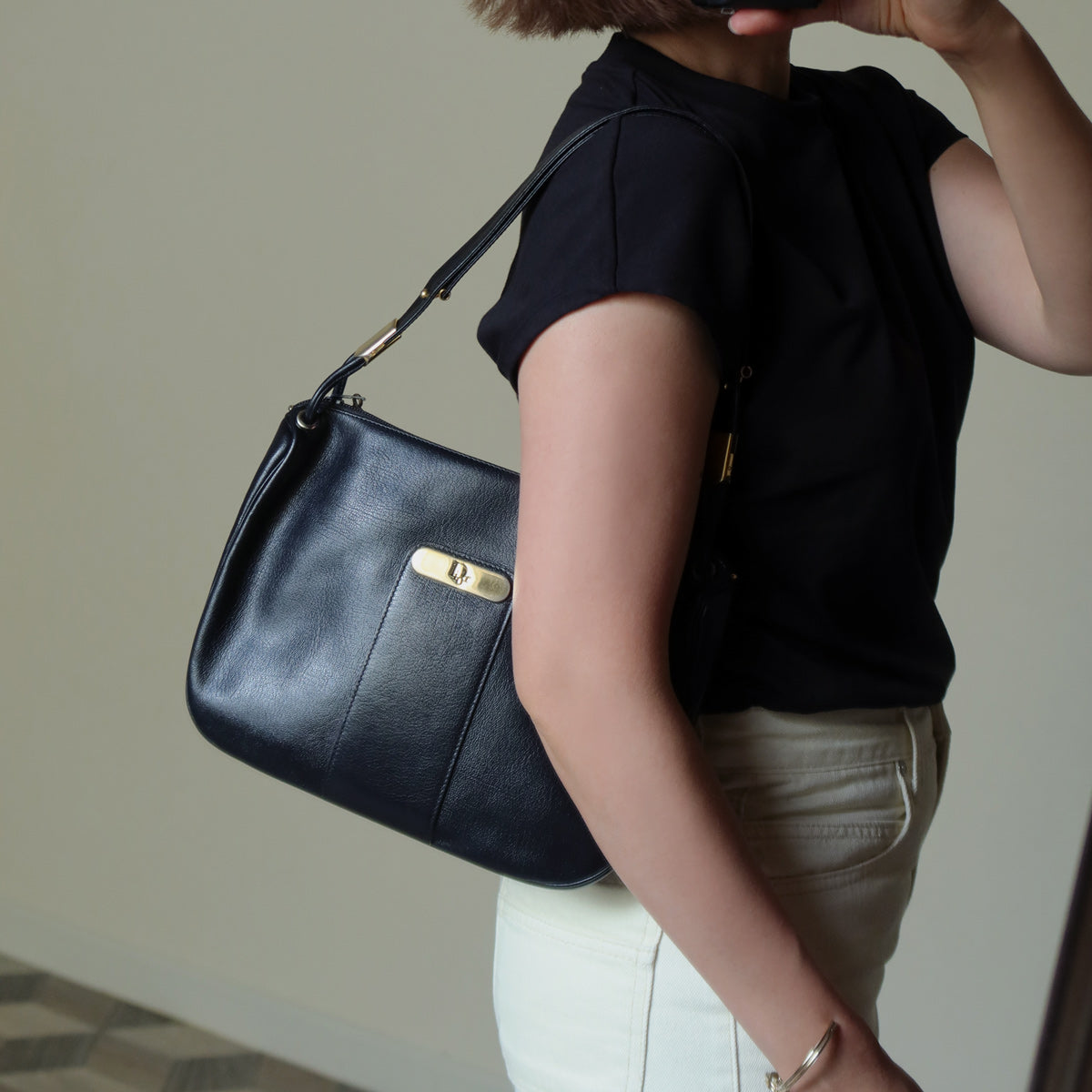 Christian Dior Vintage Black Leather Half Moon 2way Shoulder Bag