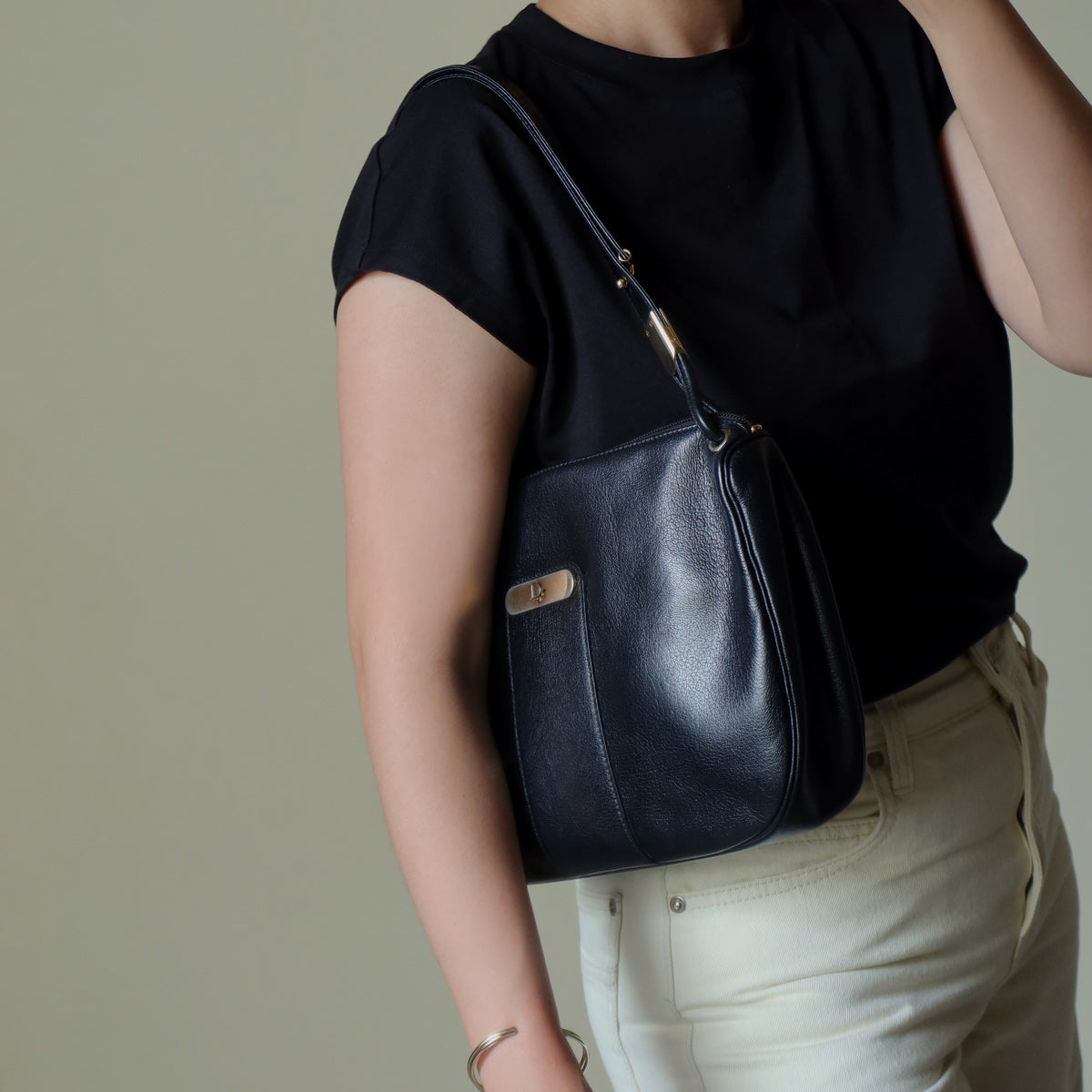 Christian Dior Vintage Black Leather Half Moon 2way Shoulder Bag