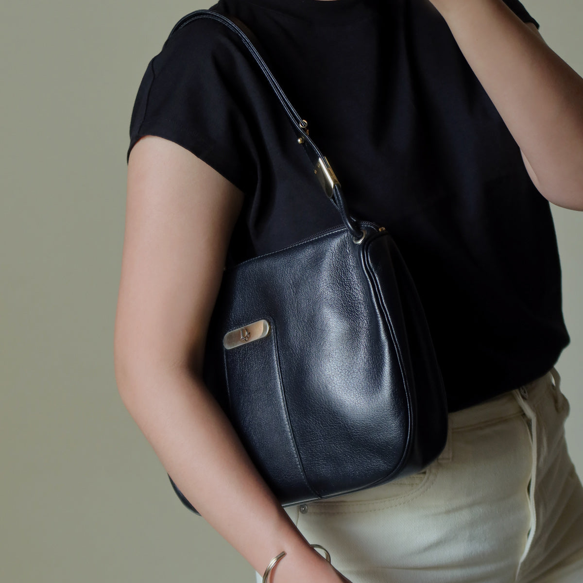 Christian Dior Vintage Black Leather Half Moon 2way Shoulder Bag