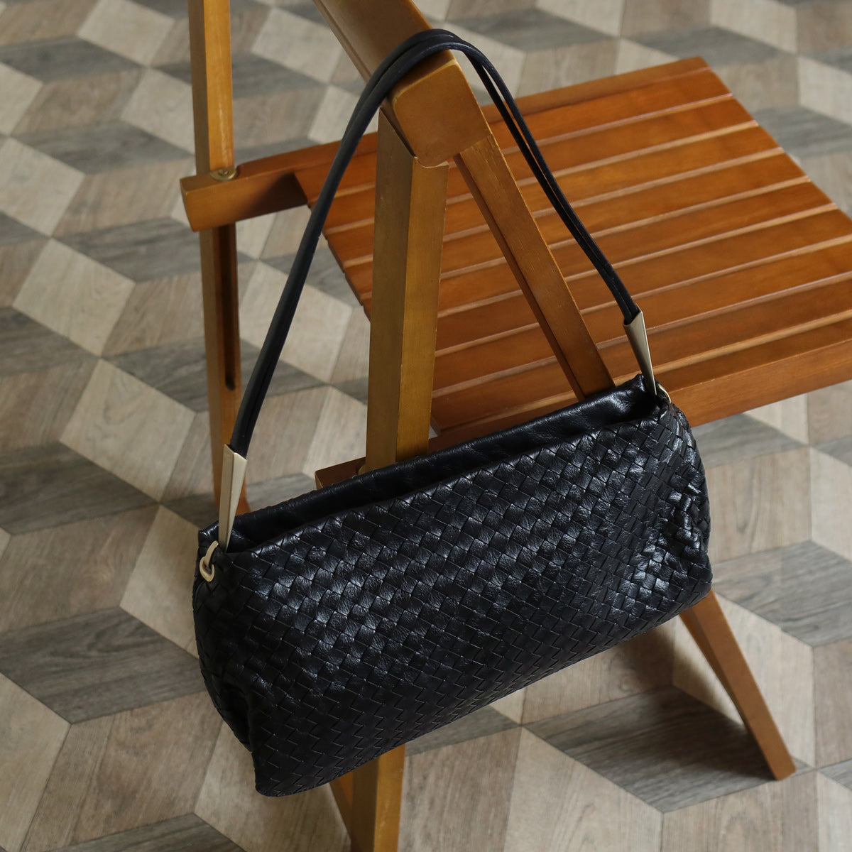 Bottega Veneta Vintage Black Leather Intrecciato Sardine Pochette Shoulder Bag