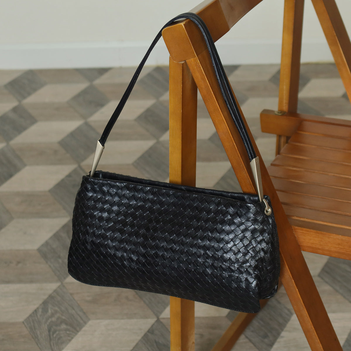 Bottega Veneta Vintage Black Leather Intrecciato Sardine Pochette Shoulder Bag