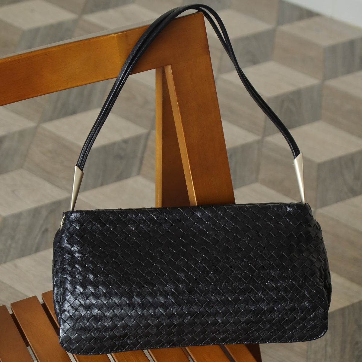 Bottega Veneta Vintage Black Leather Intrecciato Sardine Pochette Shoulder Bag