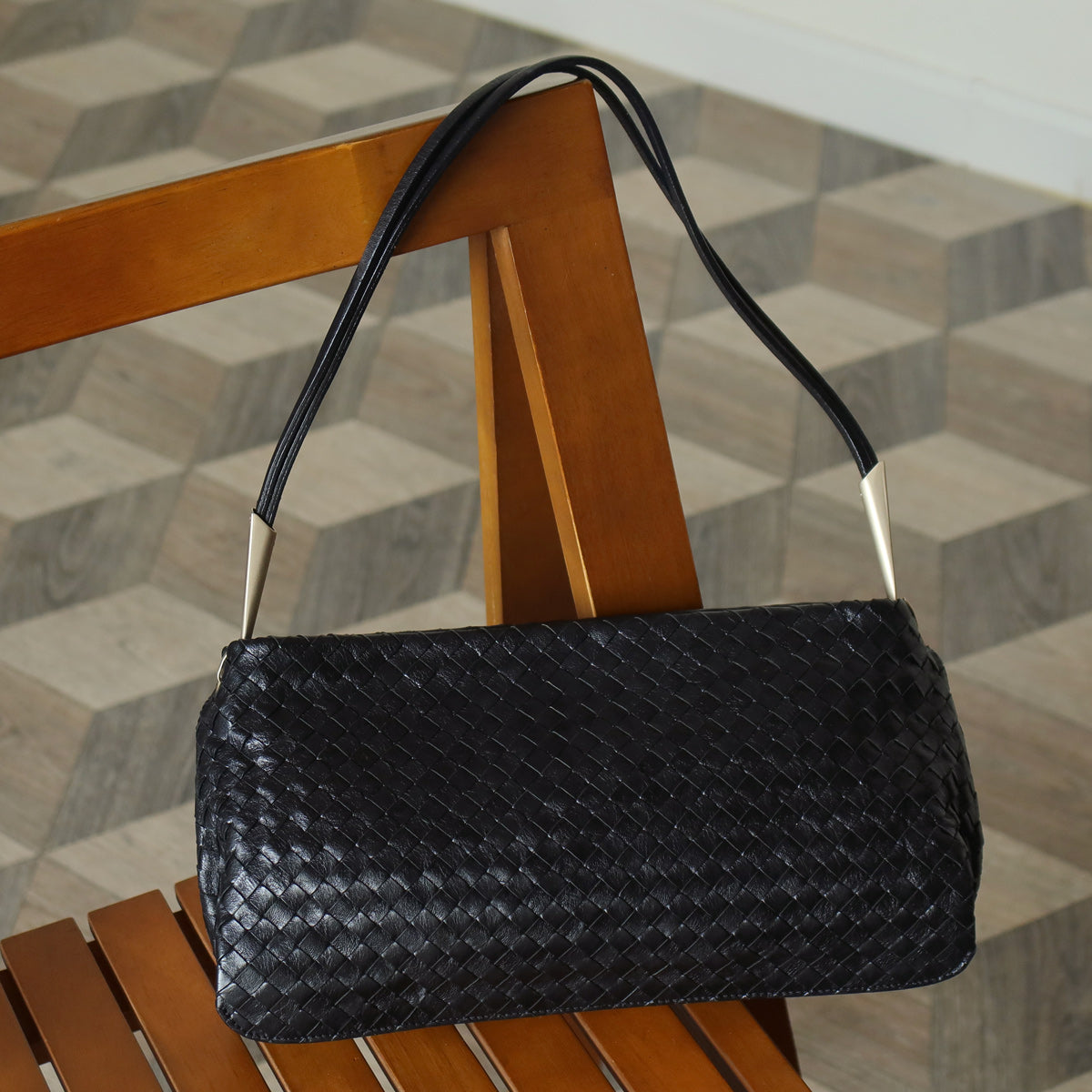 Bottega Veneta Vintage Black Leather Intrecciato Sardine Pochette Shoulder Bag