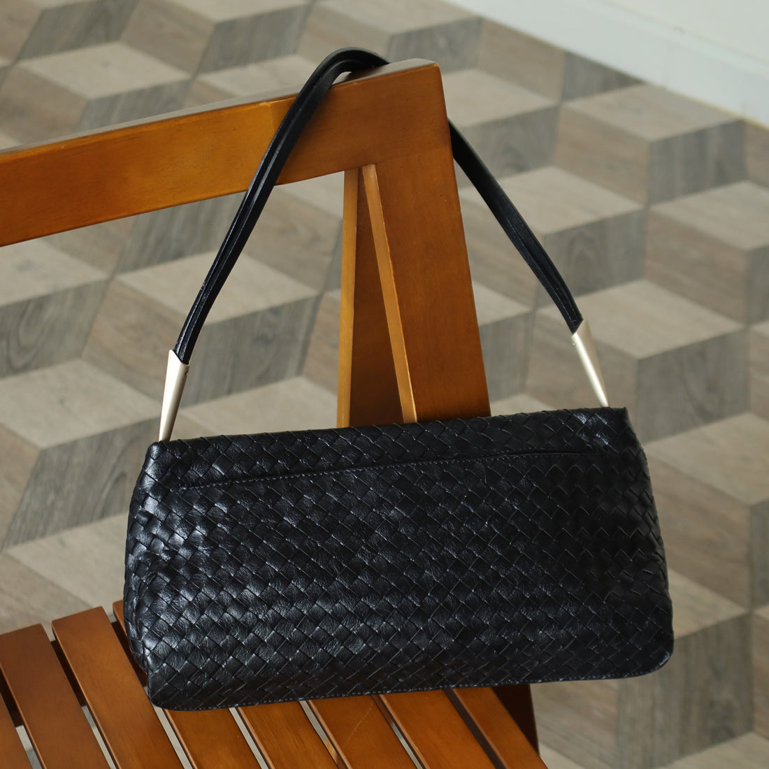 Bottega Veneta Vintage Black Leather Intrecciato Sardine Pochette Shoulder Bag