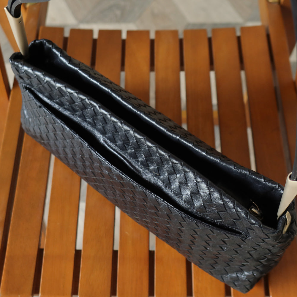 Bottega Veneta Vintage Black Leather Intrecciato Sardine Pochette Shoulder Bag