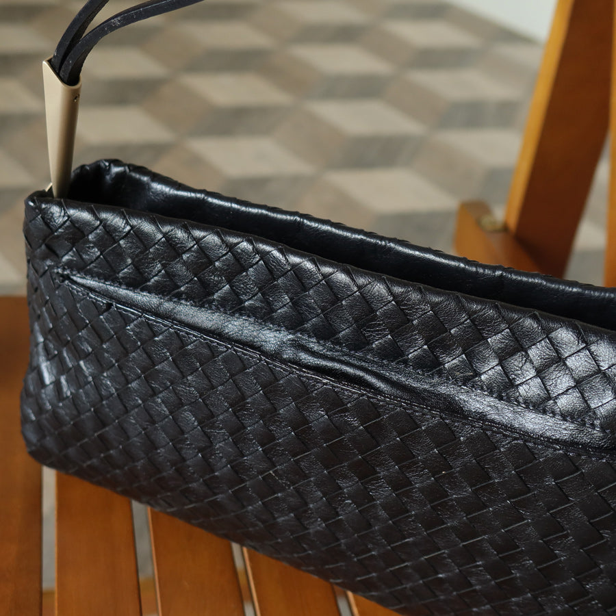 Bottega Veneta Vintage Black Leather Intrecciato Sardine Pochette Shoulder Bag