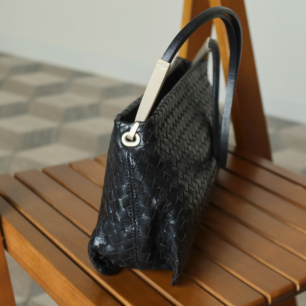 Bottega Veneta Vintage Black Leather Intrecciato Sardine Pochette Shoulder Bag