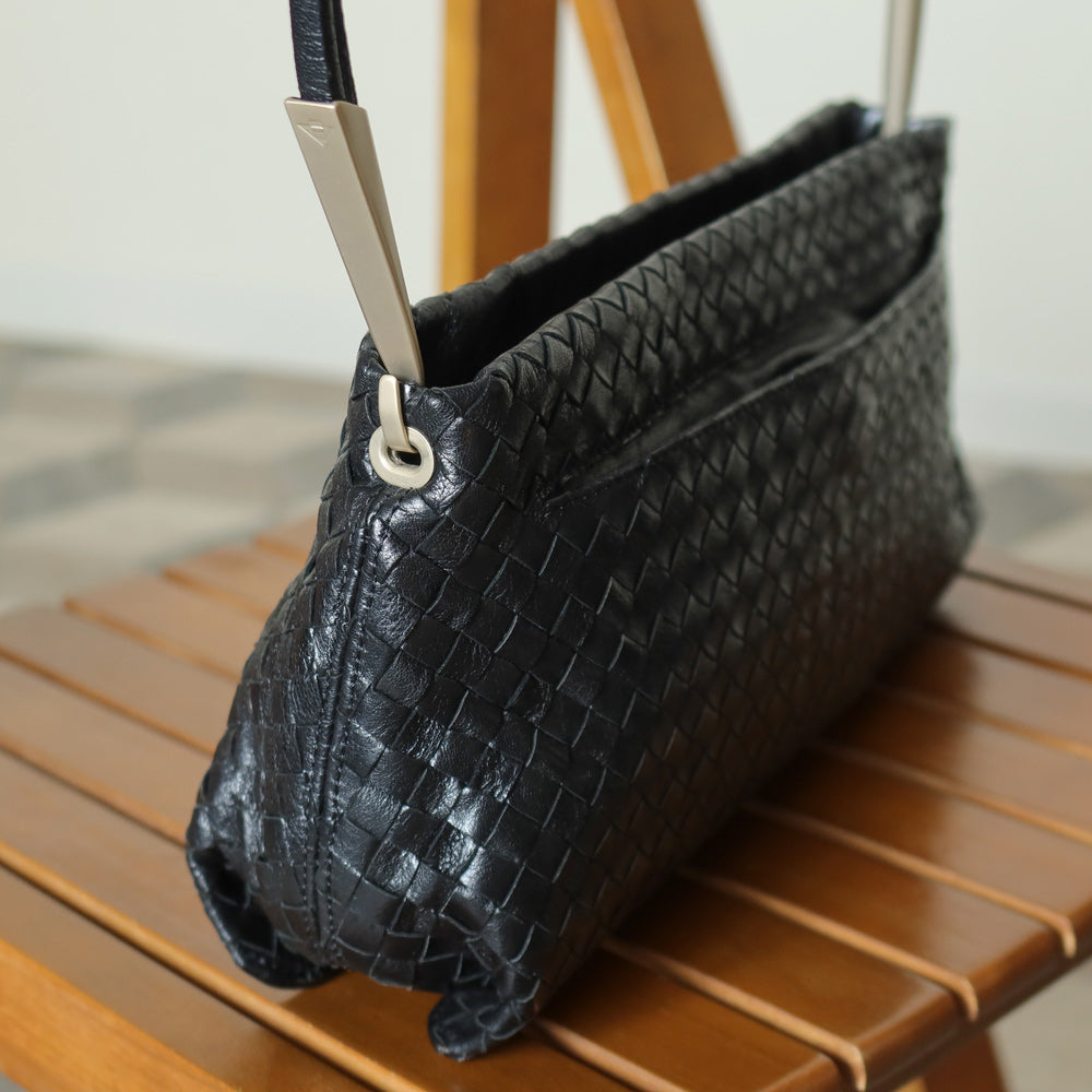 Bottega Veneta Vintage Black Leather Intrecciato Sardine Pochette Shoulder Bag