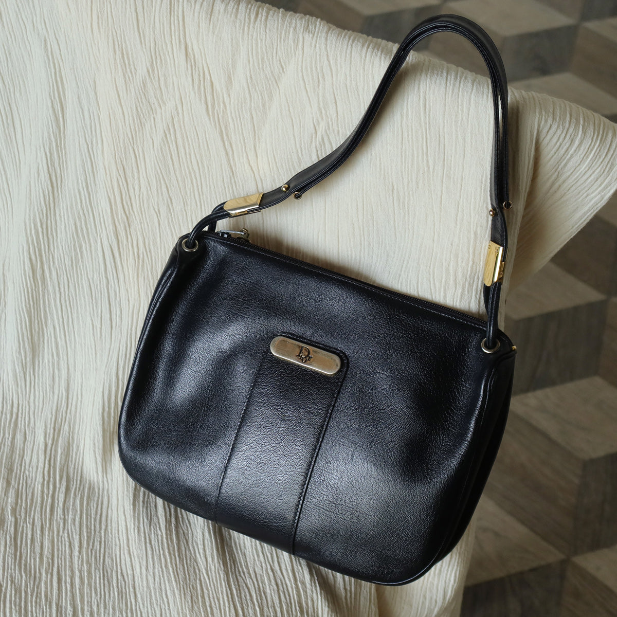Christian Dior Vintage Black Leather Half Moon 2way Shoulder Bag