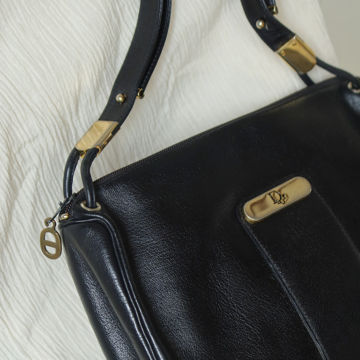 Christian Dior Vintage Black Leather Half Moon 2way Shoulder Bag