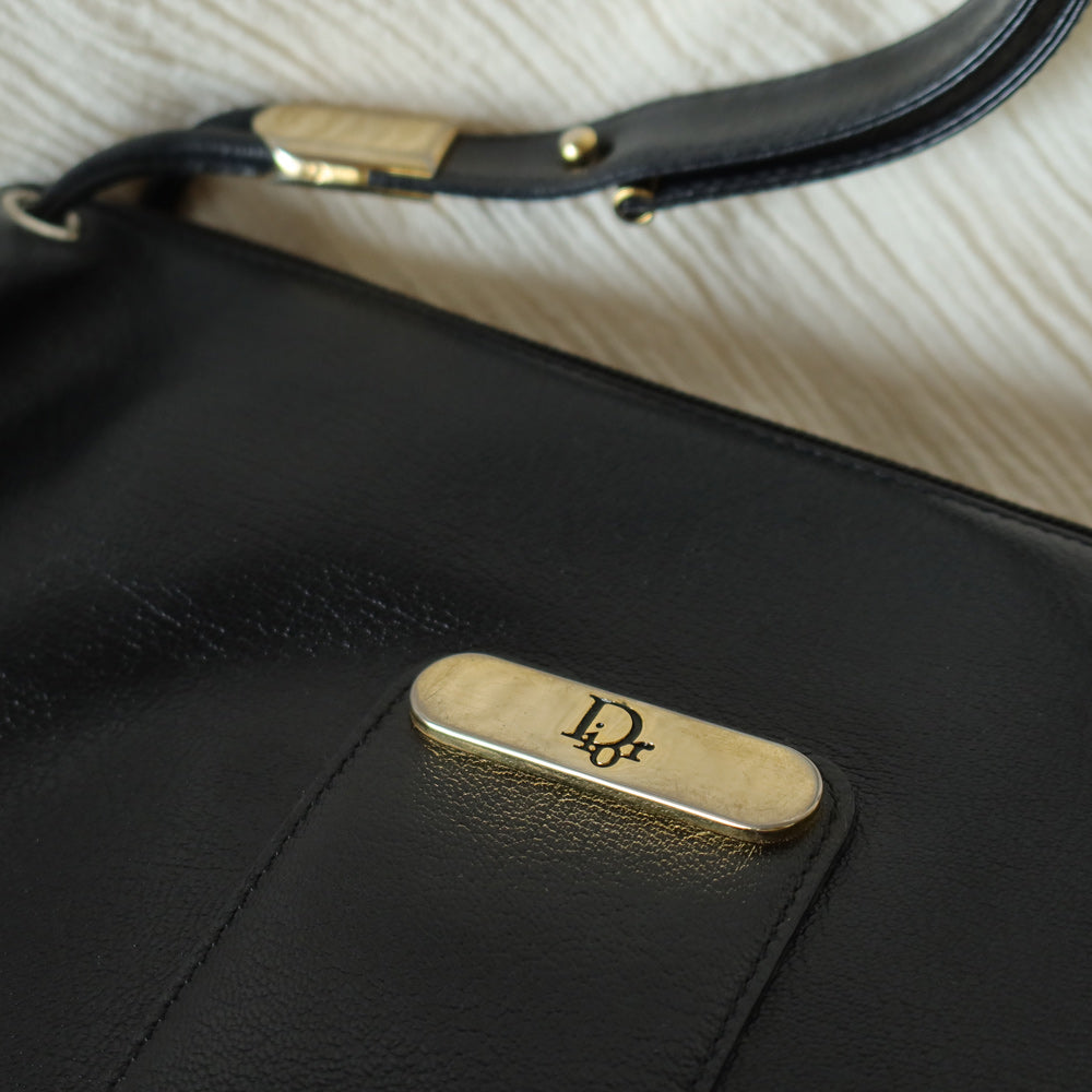 Christian Dior Vintage Black Leather Half Moon 2way Shoulder Bag