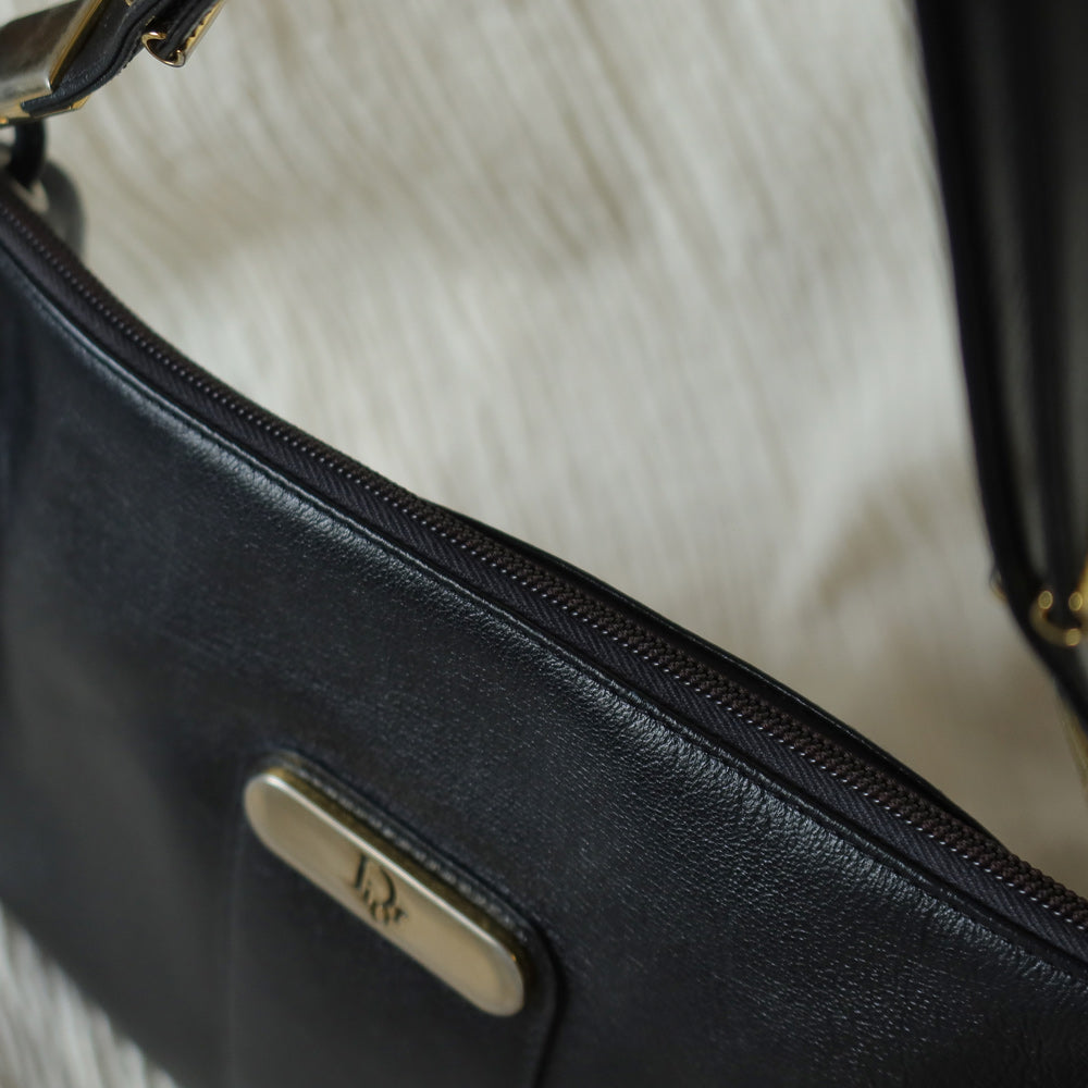 Christian Dior Vintage Black Leather Half Moon 2way Shoulder Bag