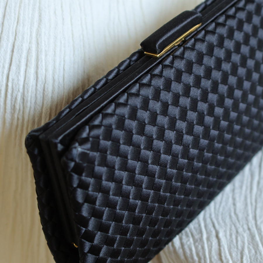 Rare Bottega Veneta Vintage Satin Intrecciato Kiss Lock Clutch 2 way Shoulder Bag