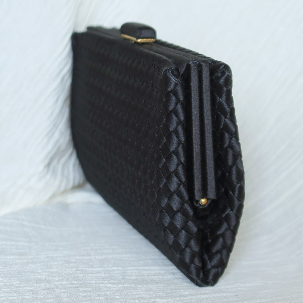 Rare Bottega Veneta Vintage Satin Intrecciato Kiss Lock Clutch 2 way Shoulder Bag