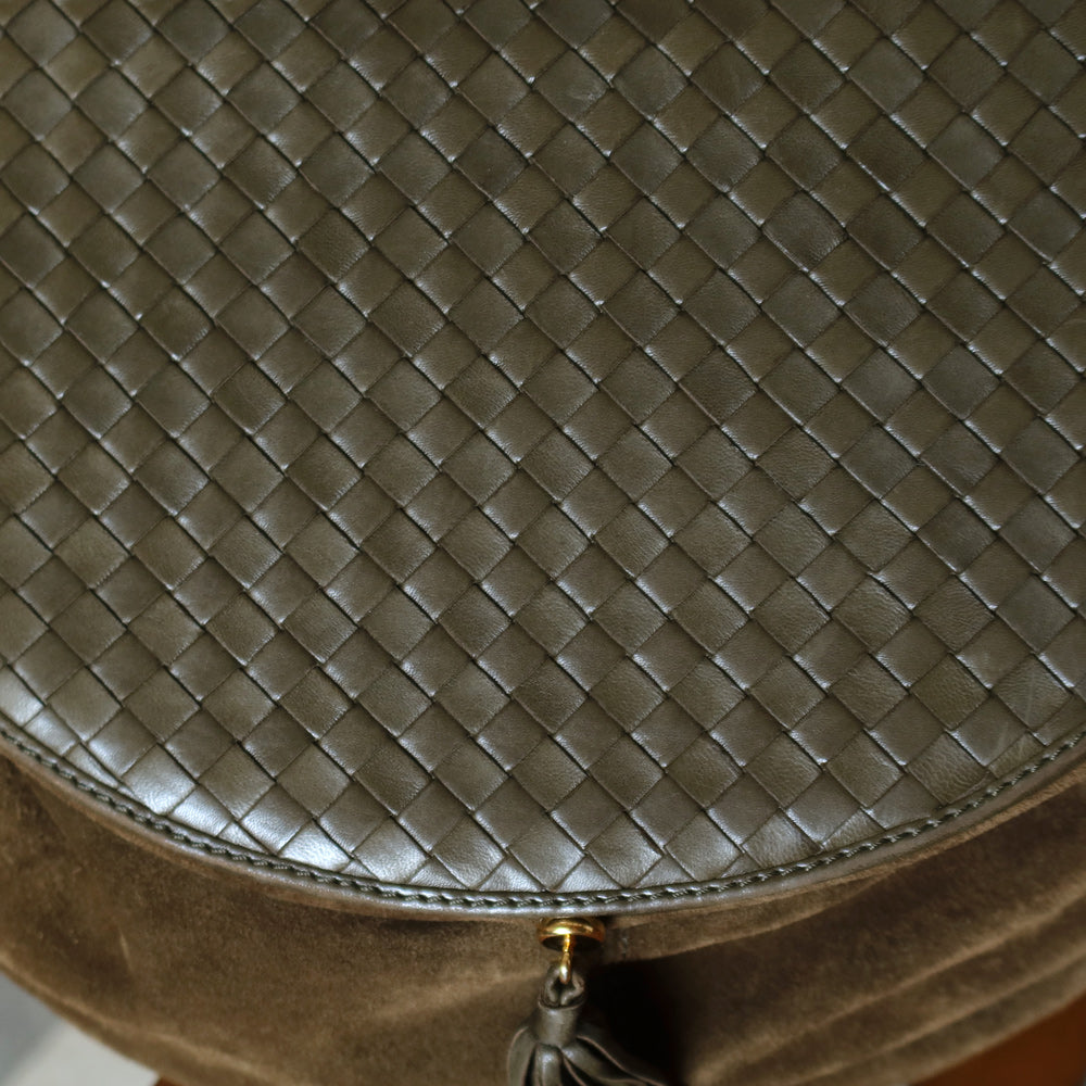 Rare Bottega Veneta Vintage Olive Brown Intrecciato Kiss Lock Half Moon Hobo Bag