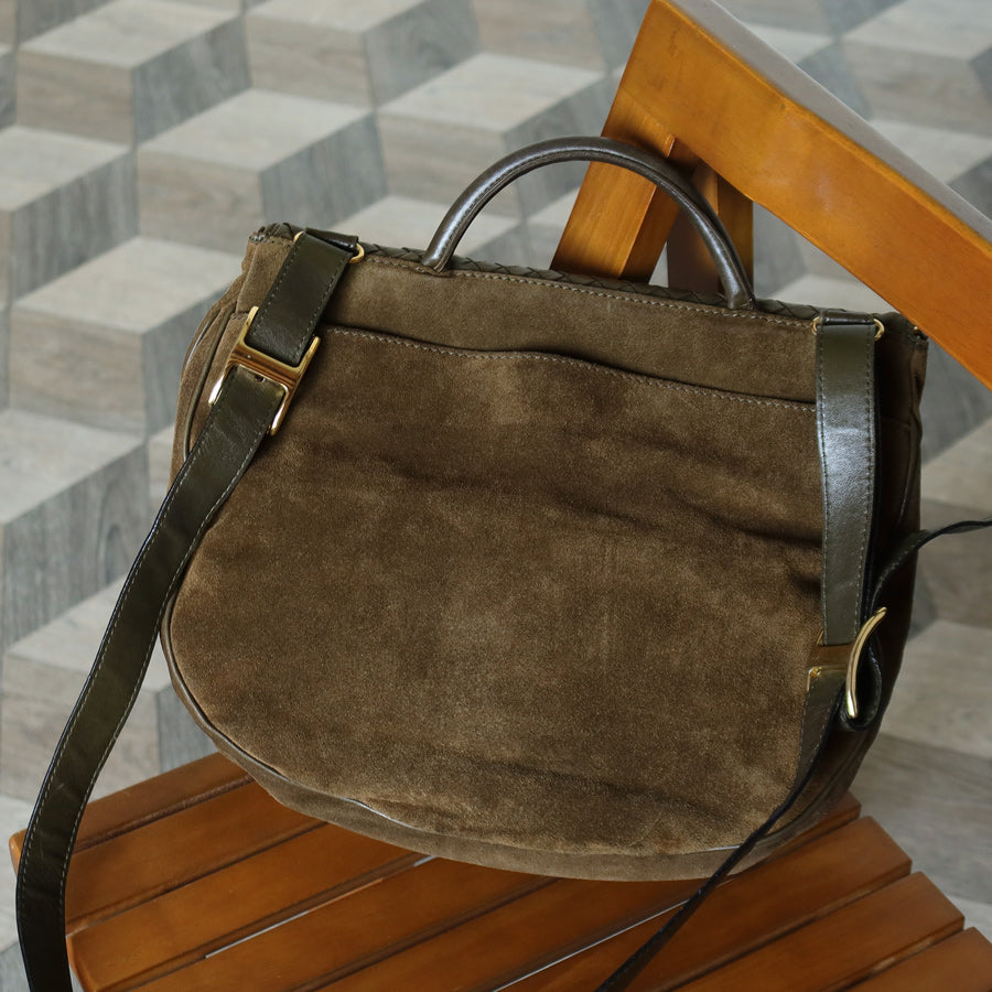 Rare Bottega Veneta Vintage Olive Brown Intrecciato Kiss Lock Half Moon Hobo Bag