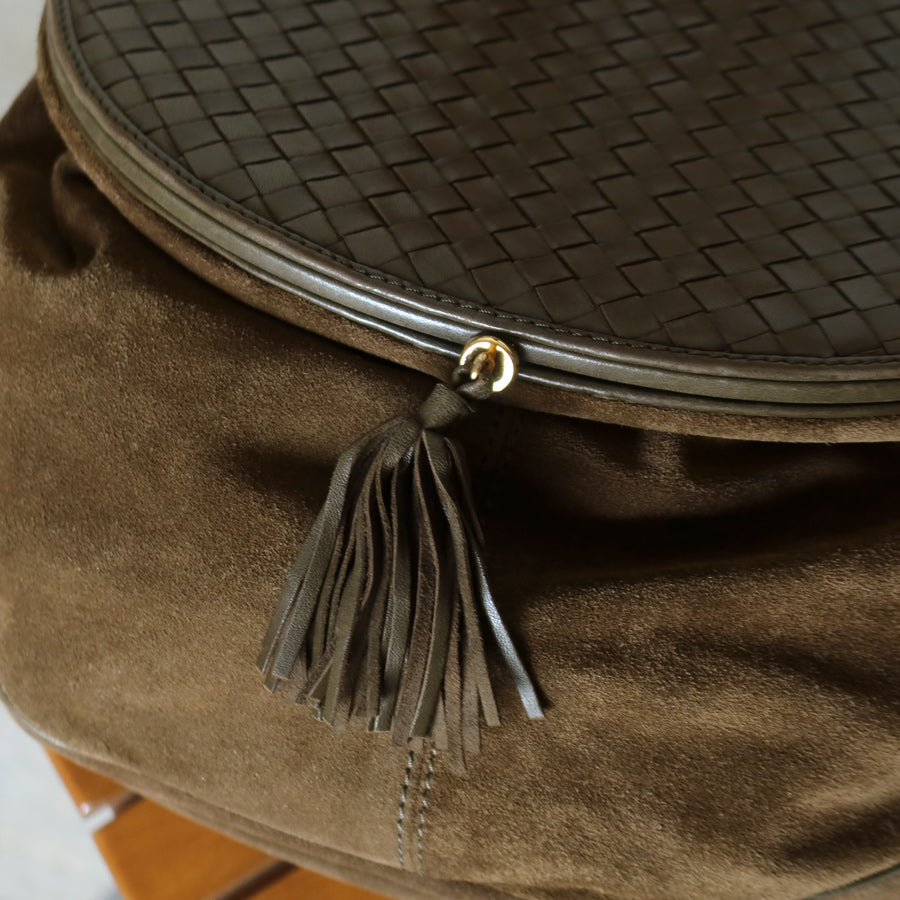 Rare Bottega Veneta Vintage Olive Brown Intrecciato Kiss Lock Half Moon Hobo Bag