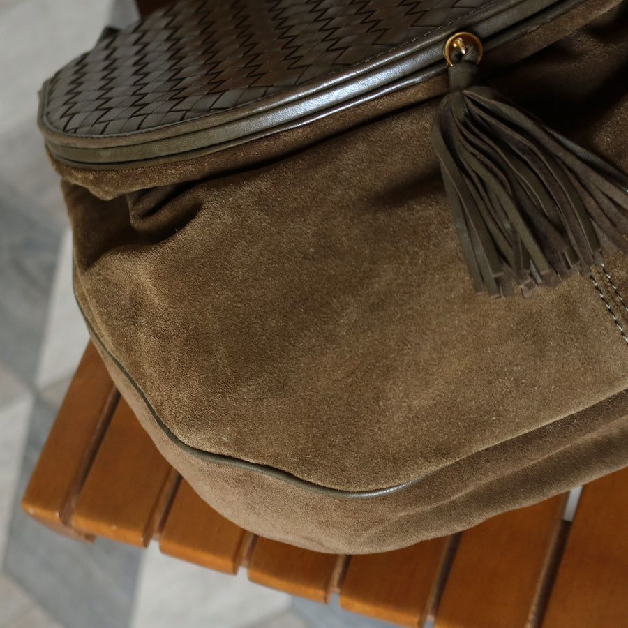 Rare Bottega Veneta Vintage Olive Brown Intrecciato Kiss Lock Half Moon Hobo Bag