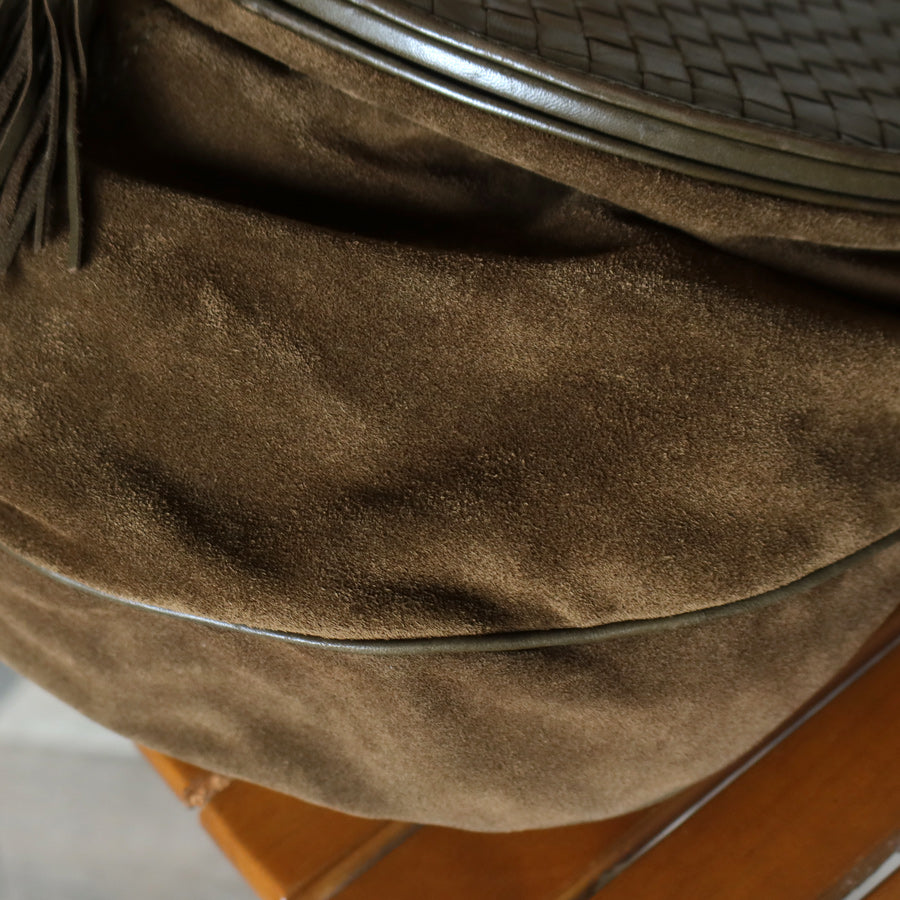 Rare Bottega Veneta Vintage Olive Brown Intrecciato Kiss Lock Half Moon Hobo Bag