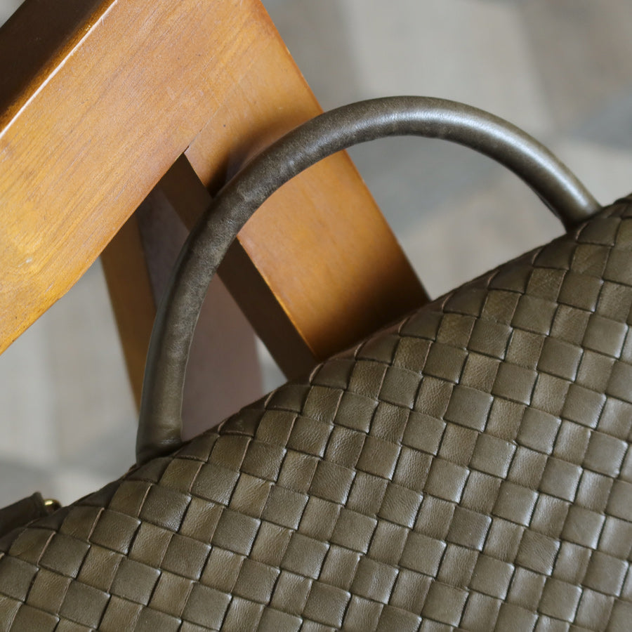 Rare Bottega Veneta Vintage Olive Brown Intrecciato Kiss Lock Half Moon Hobo Bag