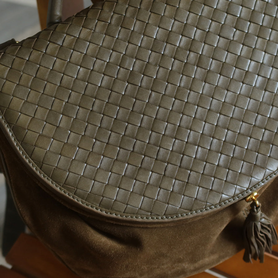 Rare Bottega Veneta Vintage Olive Brown Intrecciato Kiss Lock Half Moon Hobo Bag