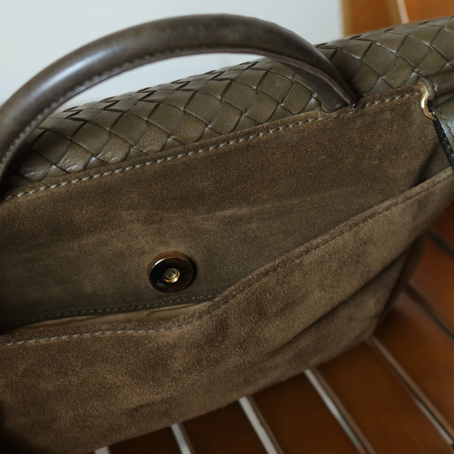 Rare Bottega Veneta Vintage Olive Brown Intrecciato Kiss Lock Half Moon Hobo Bag