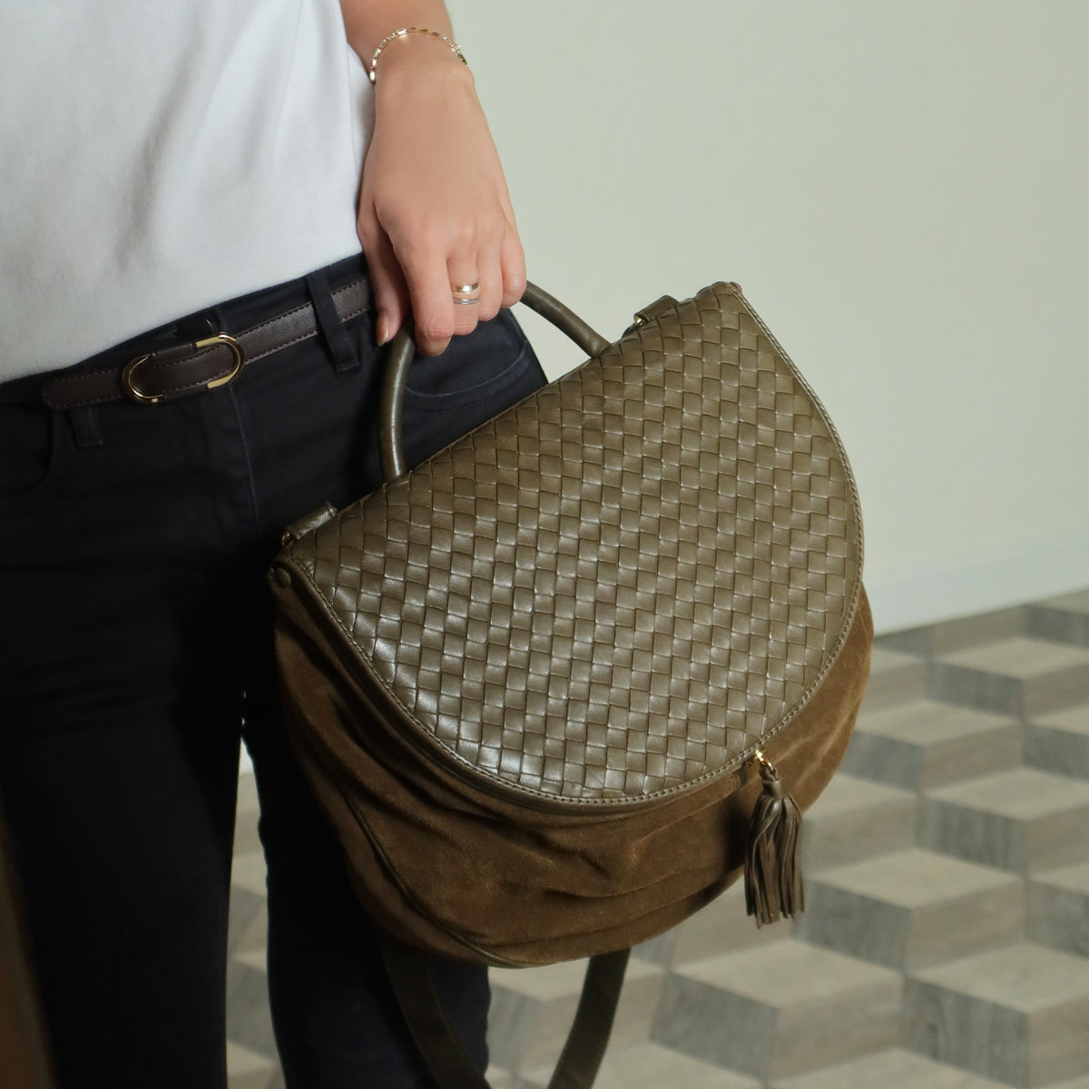 Rare Bottega Veneta Vintage Olive Brown Intrecciato Kiss Lock Half Moon Hobo Bag
