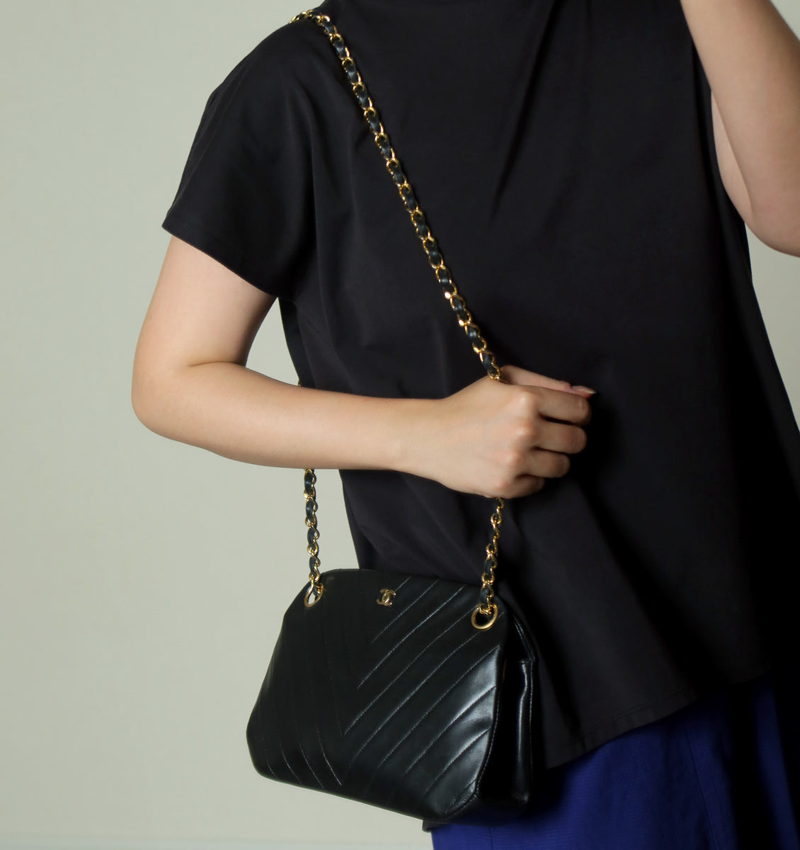 Chanel Vintage Black Lambskin Chevron Quilted CC mark Kiss Lock Bag