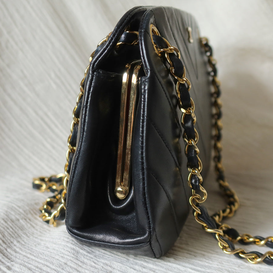 Chanel Vintage Black Lambskin Chevron Quilted CC mark Kiss Lock Bag