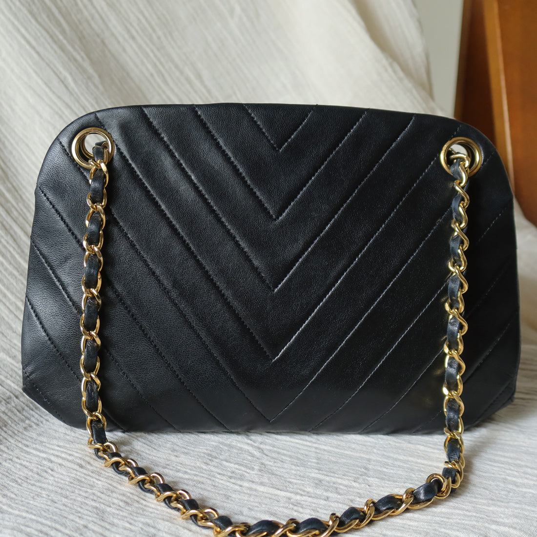 Chanel Vintage Black Lambskin Chevron Quilted CC mark Kiss Lock Bagv