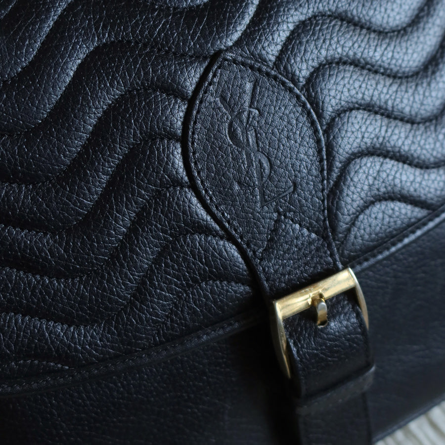 Yves Saint Laurent YSL Vintage Black Leather Wave Stitching Shoulder Flap Bag