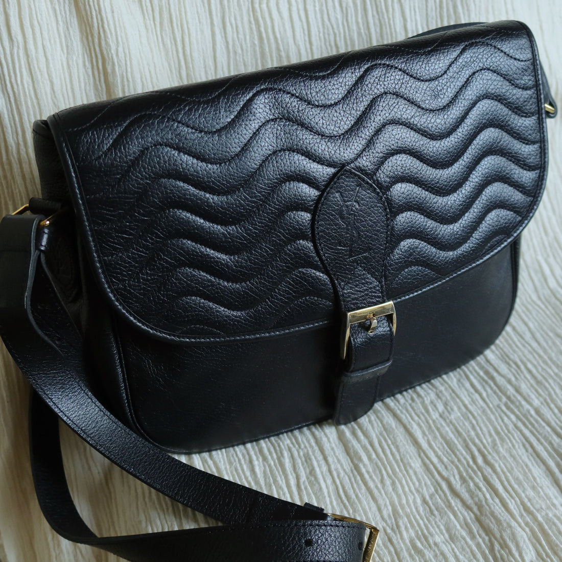 Yves Saint Laurent YSL Vintage Black Leather Wave Stitching Shoulder Flap Bag