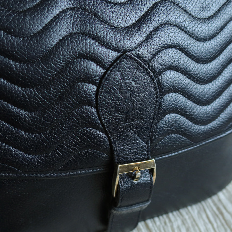 Yves Saint Laurent YSL Vintage Black Leather Wave Stitching Shoulder Flap Bag