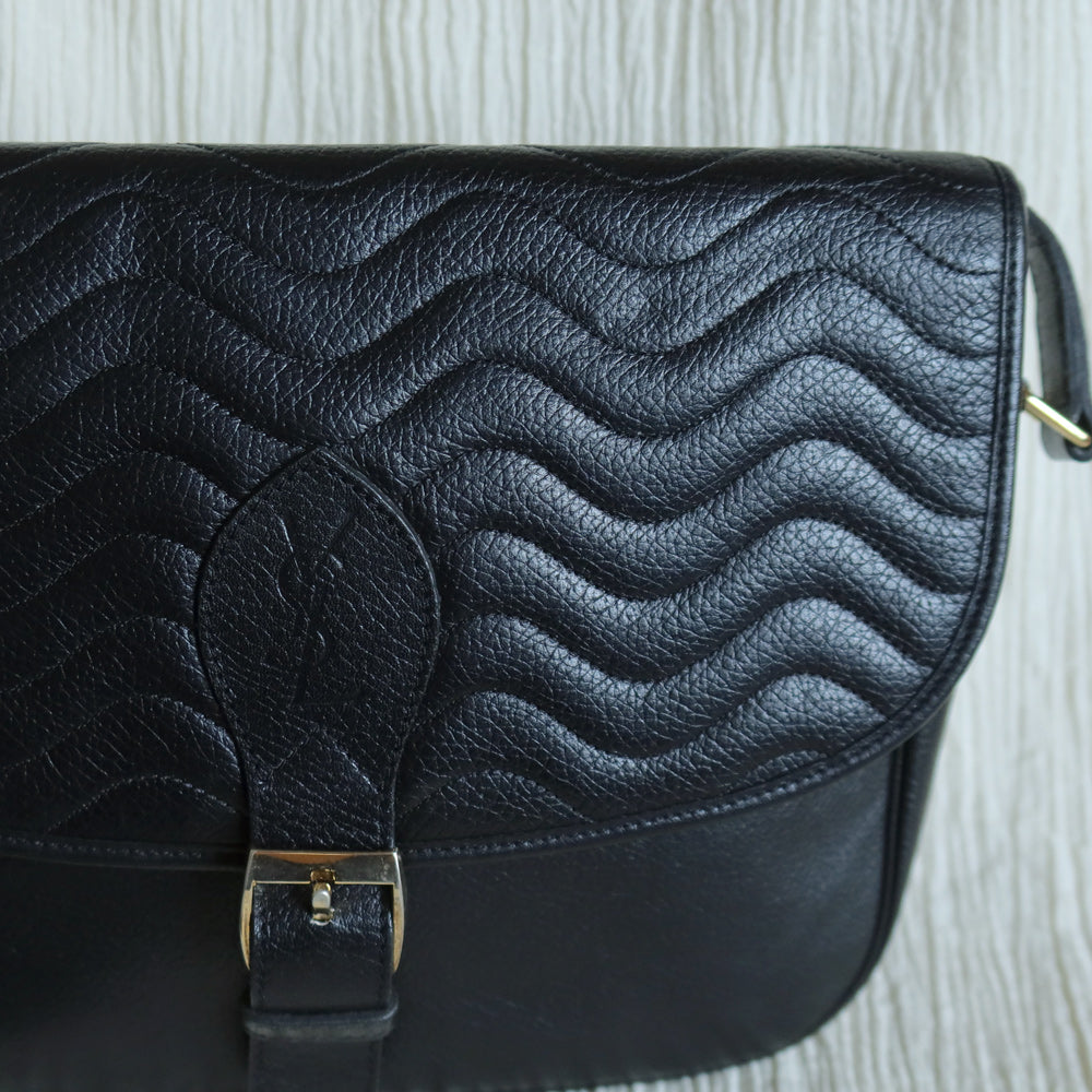 Yves Saint Laurent YSL Vintage Black Leather Wave Stitching Shoulder Flap Bag