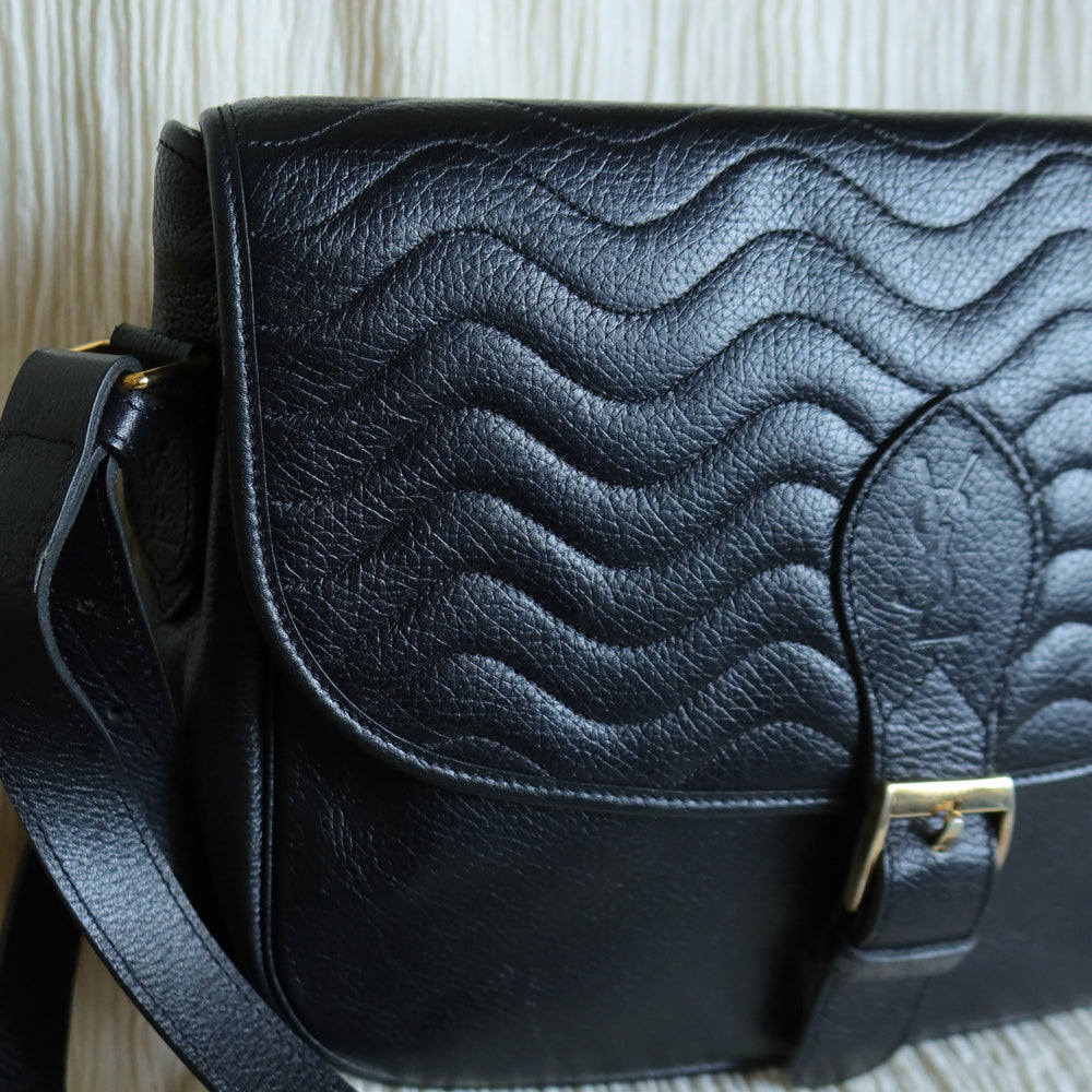 Yves Saint Laurent YSL Vintage Black Leather Wave Stitching Shoulder Flap Bag