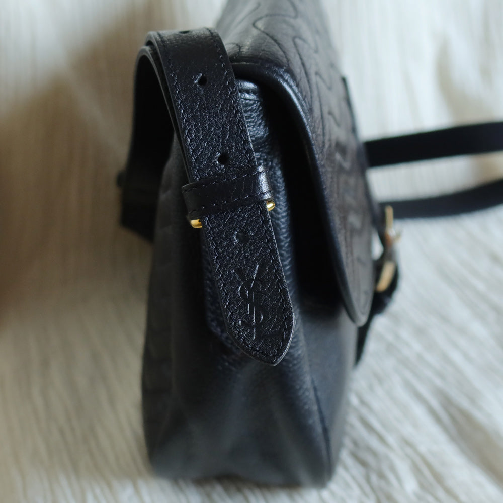 Yves Saint Laurent YSL Vintage Black Leather Wave Stitching Shoulder Flap Bag