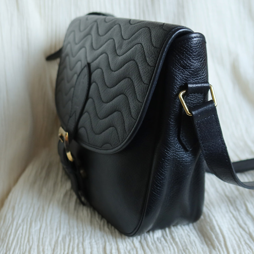 Yves Saint Laurent YSL Vintage Black Leather Wave Stitching Shoulder Flap Bag