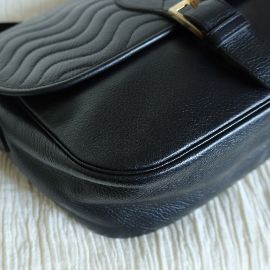 Yves Saint Laurent YSL Vintage Black Leather Wave Stitching Shoulder Flap Bag