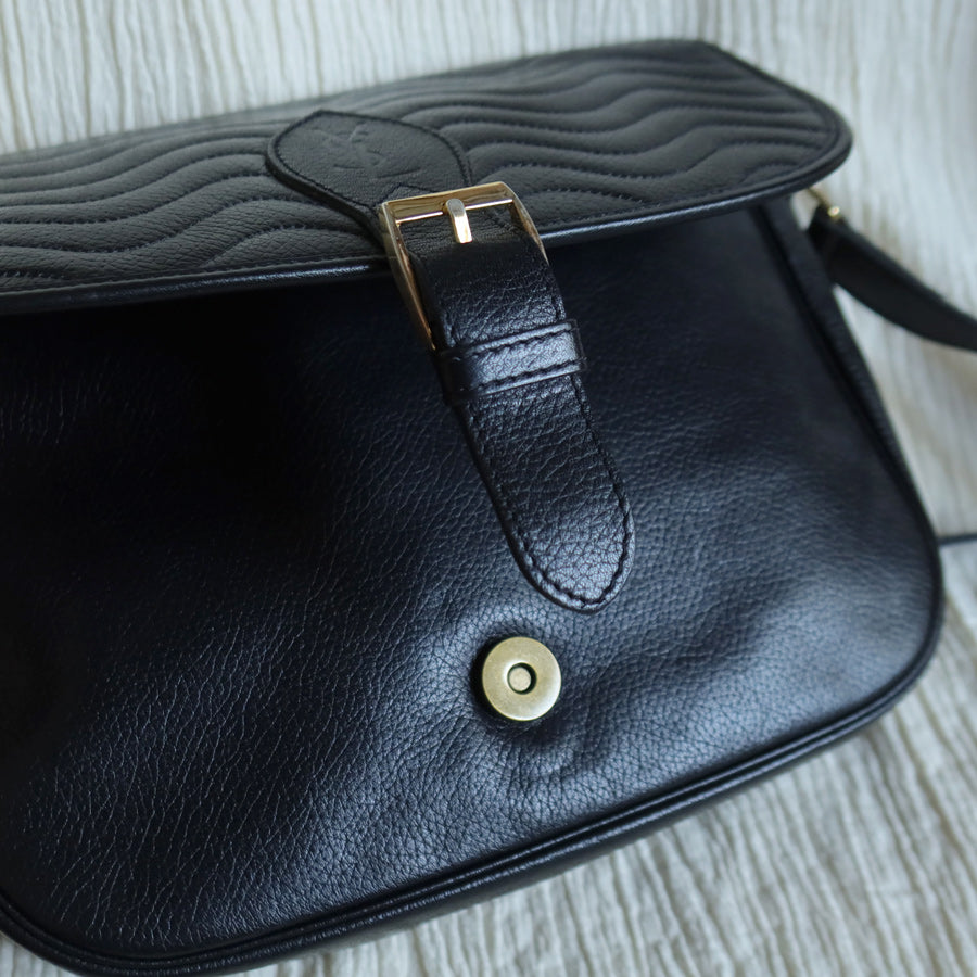 Yves Saint Laurent YSL Vintage Black Leather Wave Stitching Shoulder Flap Bag