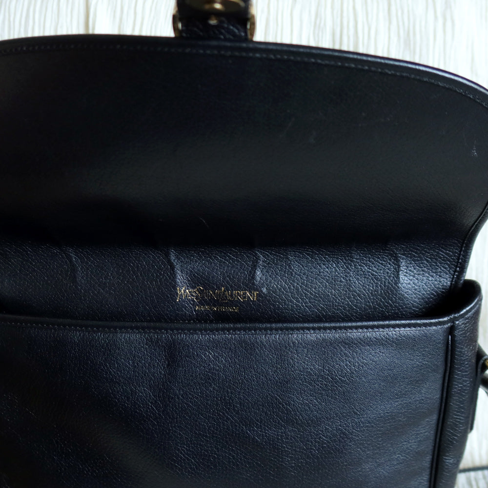 Yves Saint Laurent YSL Vintage Black Leather Wave Stitching Shoulder Flap Bag