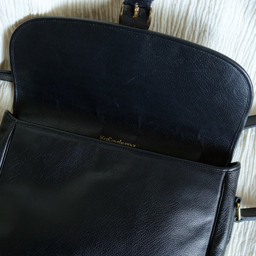 Yves Saint Laurent YSL Vintage Black Leather Wave Stitching Shoulder Flap Bag