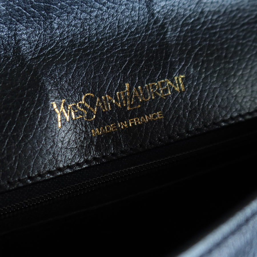 Yves Saint Laurent YSL Vintage Black Leather Wave Stitching Shoulder Flap Bag
